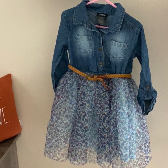 zunie denim tutu dress Zunie Girls Dress Denim Top Tulle Skirt With Sparkled Belt | Pink